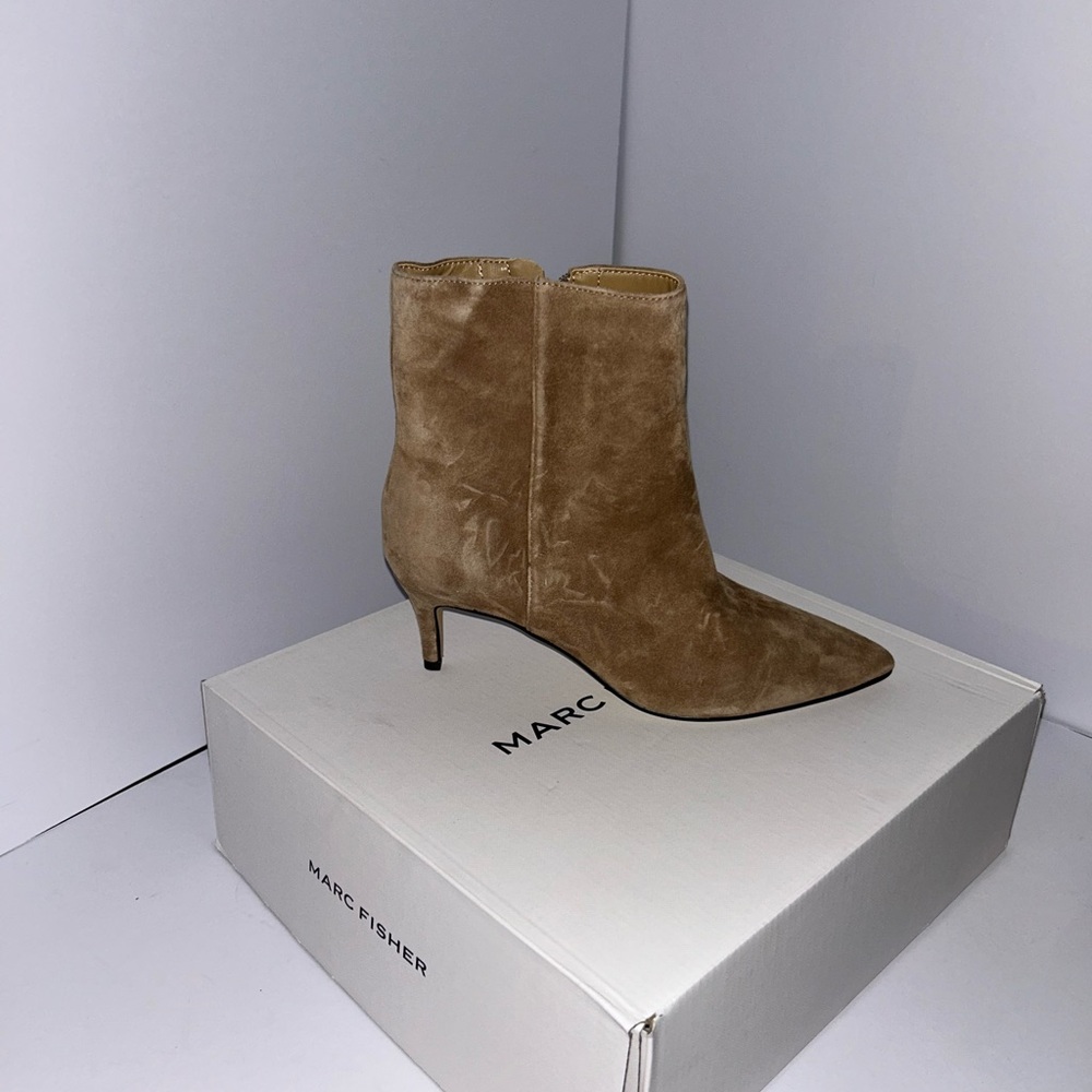 Marc Fisher Tan Suede Pointed-Toe Kitten Heel Ankle Boots